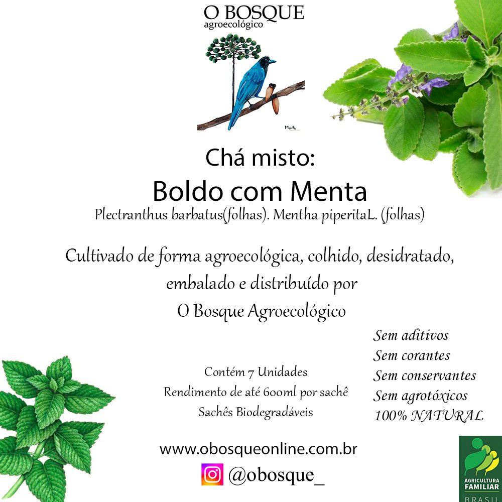 Chá de Boldo com Mentha. 100% Puro e Agroecológico. 7 Sachês.