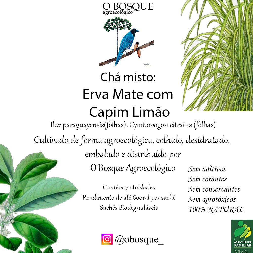 Chá de Erva Mate com Capim Limão 100% Puro e Agroecológico. 7 Sachês.