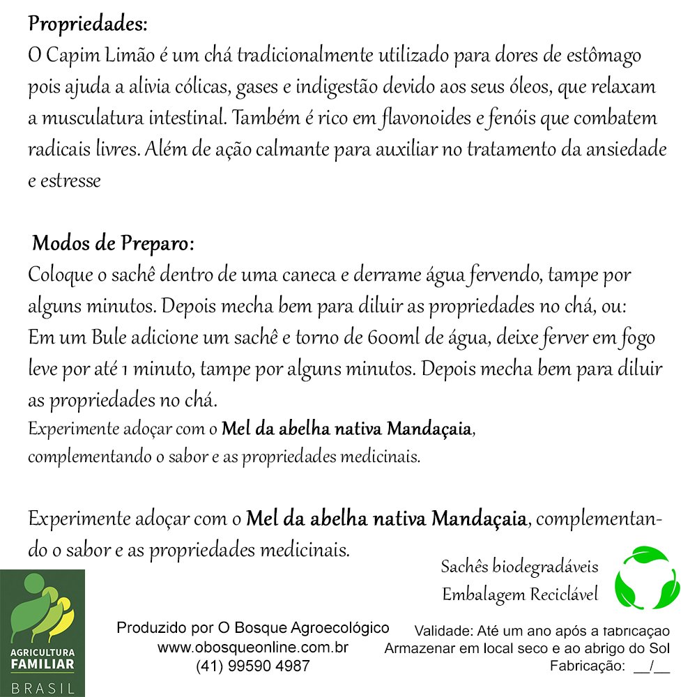Chá de Capim Limão 100% Puro e Agroecológico. 7 Sachês. - Imagem 3